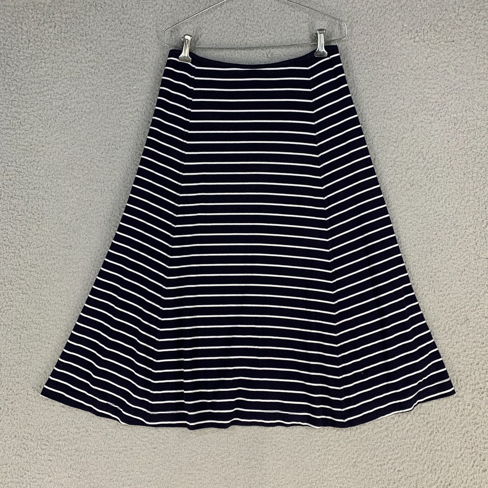 JACQUEI-E Skirt 8 Navy Blue Striped Jersey Midi Nautical Preppy Elevated